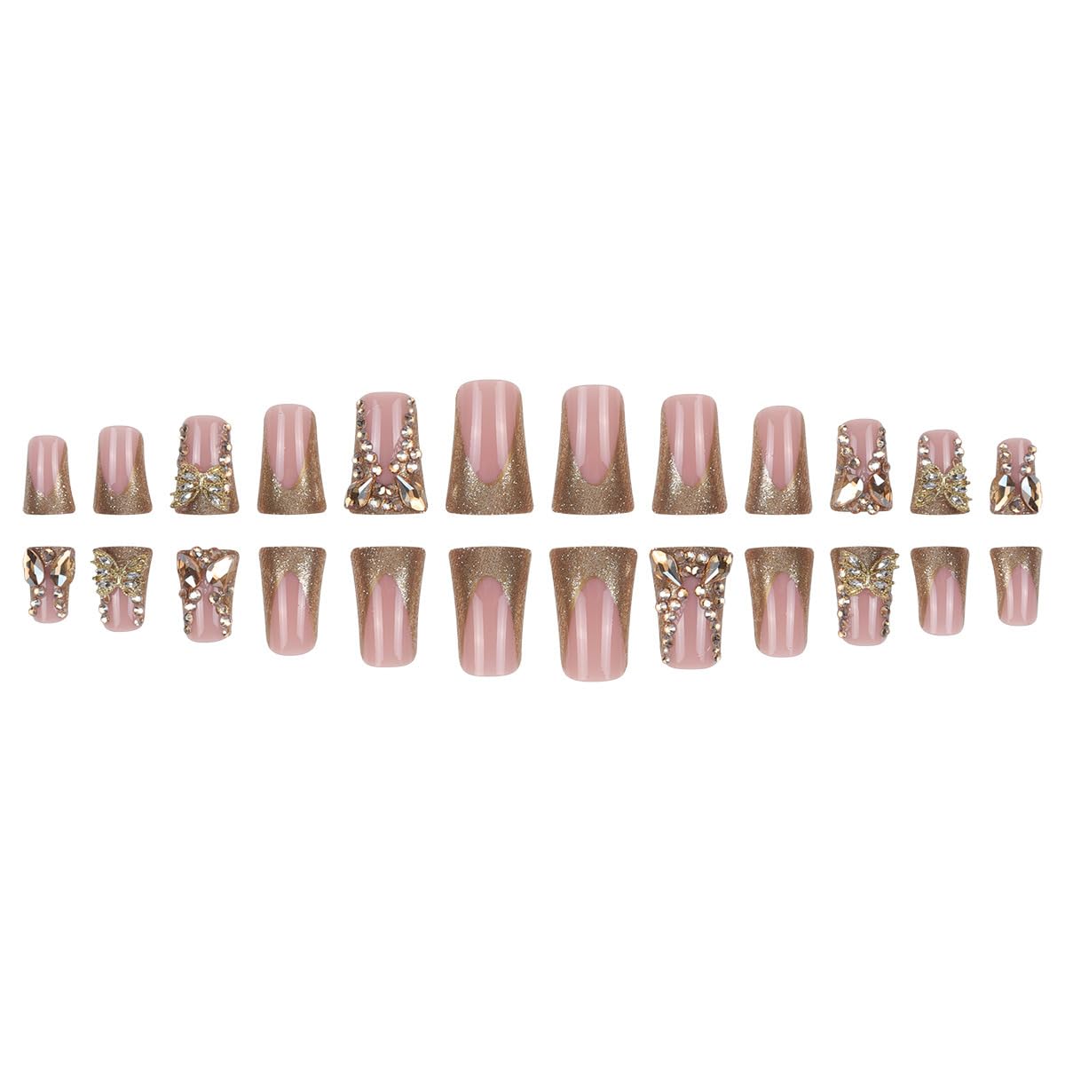 IMSOHOT Golden Duck Press on Rhinestone French Tips Fake Nails with Duckbill Designs Bling Feet Style Glossy False Nails with Butterfly Diamonds Design 24Pcs