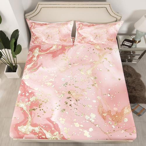 Manfei Marble Texture Fitted Sheet Pink Marble Pattern Golden Sequins Print Bedding 3pcs Microfiber Bed Sheet Set (1 Fitted Sheet + 2 Pillow Cases) Queen Size - color: Multi 17, size: Queen (60*80*16")