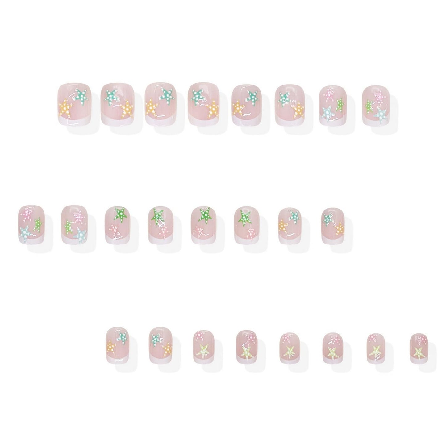 Summer Press on Nail White French Tip Fake Nails with Starfish designs Full Cover Embossed Stick on Nail Cute Glue on Nails Short Square False Nails for Women Beach 24pcs