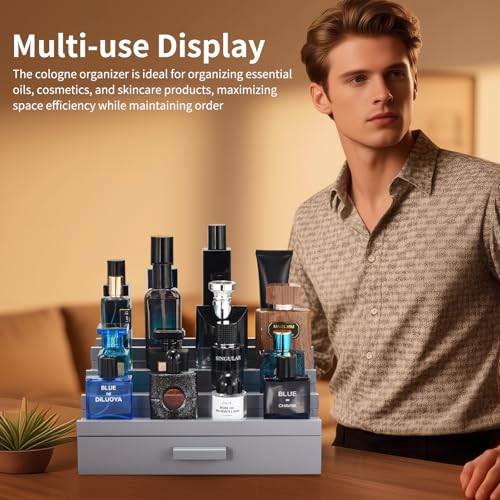 Perfume Organizer for Men, 4 Tier Wood Perfume Display Stand with Velvet Lining Drawer and Hidden Compartment for Watch,Jewelry,Perfume Display Risers,A Gift for Men (Gray) - style: 4 Tier - Grey