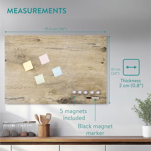 Navaris Frameless Magnetic Memo Board - Easy Installation - Kitchen Magnet Dry Erase Whiteboard - Notice Boards for Wall Use - 36 x 24 Inches - Dark Wood Design with Magnets & Pen - style: Dark Wood