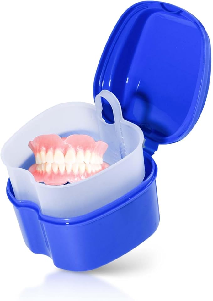 Blue Denture Bath Case Cup Box Holder Storage Soak Container with Strainer Basket for Travel Cleaning