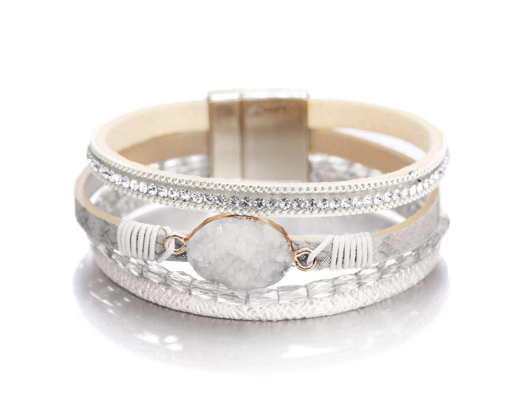 Fesciory Leopard Bracelet for Women, Boho Leather Wrap Multi-Layer Pearl Crystal Bracelet Bangle Jewelry(White Stone(Short))