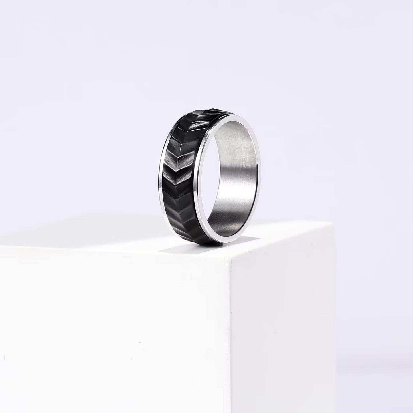 King Will Mens Black Silver 8mm Spinner Rings Tire Thread Stainless Steel Anxiety Fidget Ring for Men Tire Stripe Groove Spinner Ring 7