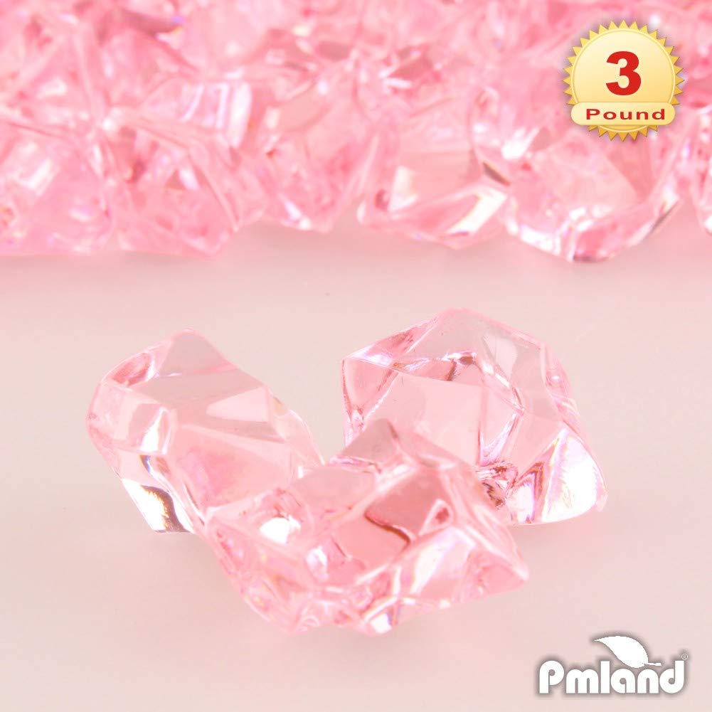 PMLAND Clear Fake Ice Rocks – 550 Pcs Large Pink Acrylic Gems Crushed Plastic Diamonds, 3 Lbs / 2.25 Quarts Bulk Vase Filler for Centerpieces Wedding Theme Décor Aquarium Table Scatter