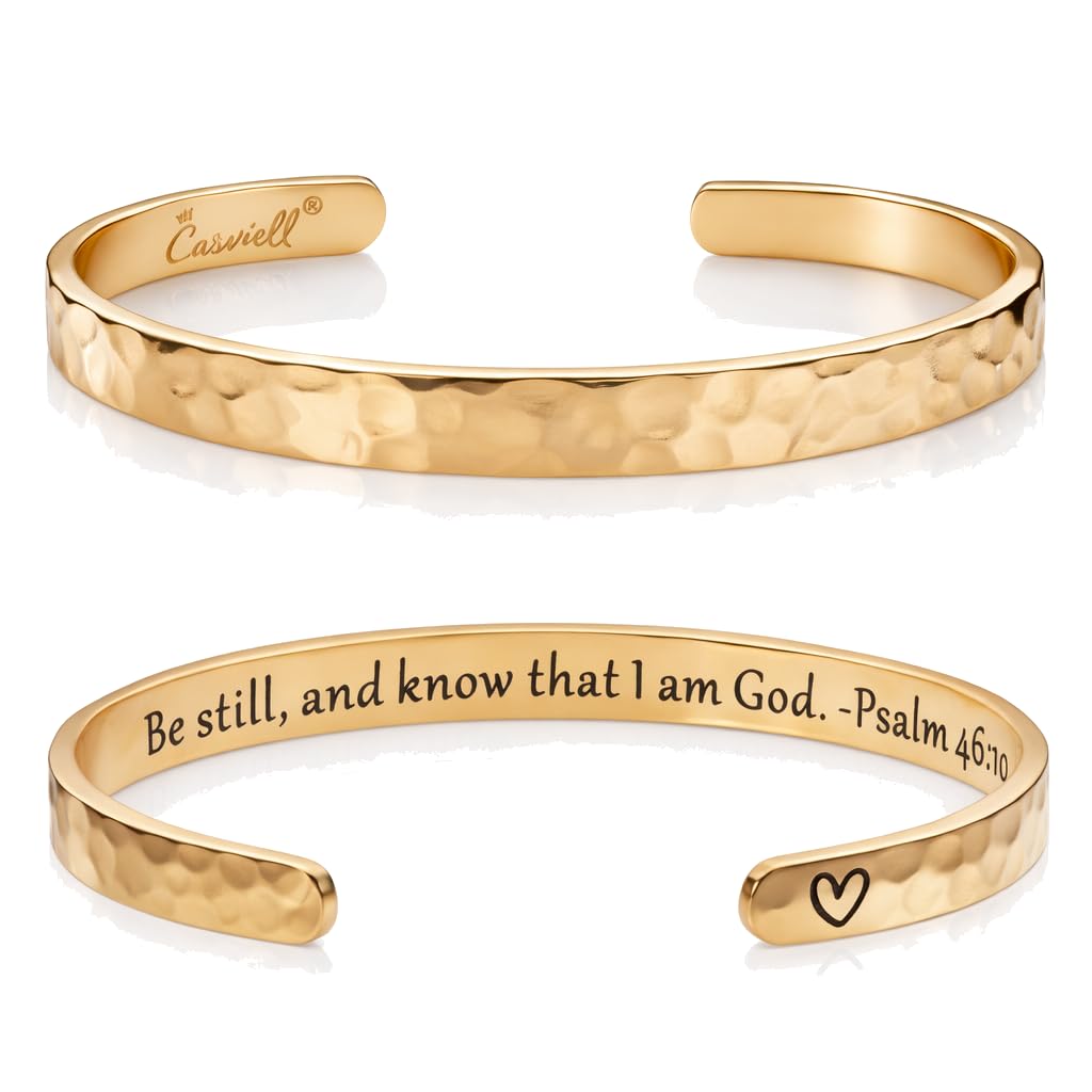 Carviell Christian Gold Bracelet for Women – Be Still and Know That I Am God Psalm 46:10 Engraved Cuff, Religious Faith Jewelry, Inspirational Gift for Daughter, Sister, Friend, or Granddaughter