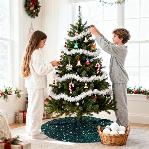 46 Inches Emerald Green Sequin Velvet Christmas Tree Skirt Sparkle Tree Mat Christmas Decorations Xmas Ornaments Round Sequined Tree Skirts Glitter Tree Skirts Cover for Merry Christmas Party Decor