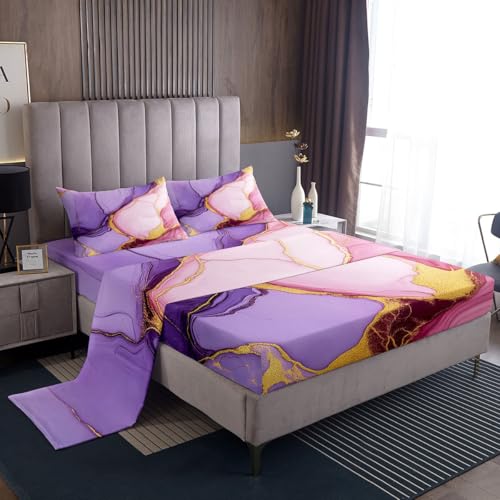 Marble Sheet Set - Pink Purple Gold Bed Sheets, Soft Modern Texture Pattern, Full Size 4-Piece Girly Bedding Set (1 Fitted Sheet, 1 Top Sheet, 2 Pillowcases) - color: Multi 01, size: Full
