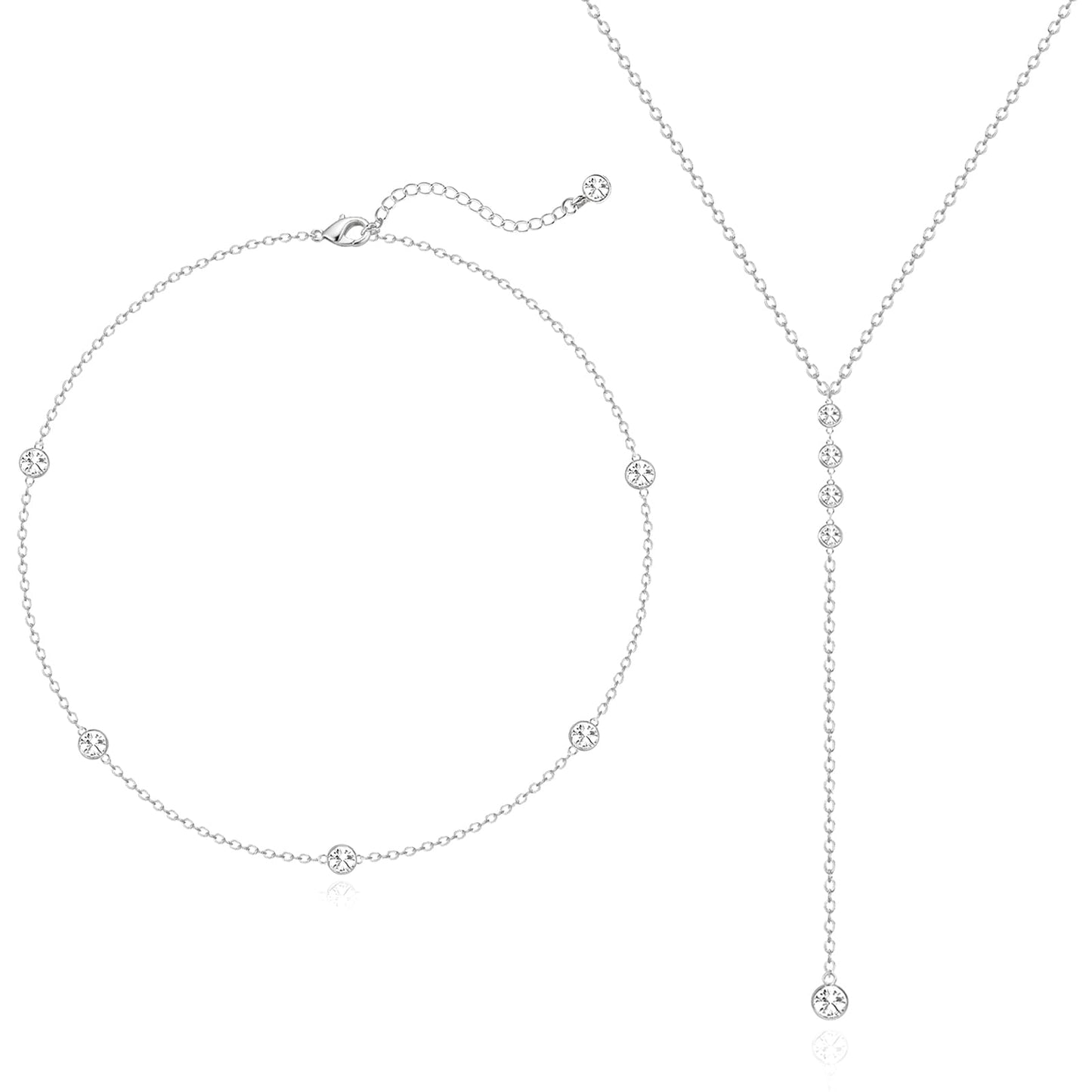 Zeffy Long Silver Necklace for Women- Dainty Silver Teardrop Drop Lariat Necklace Trendy Layered Simple CZ Y-Shaped Body Chain Stack Wedding Prom Dangle Statement Necklace Jewelry Gifts