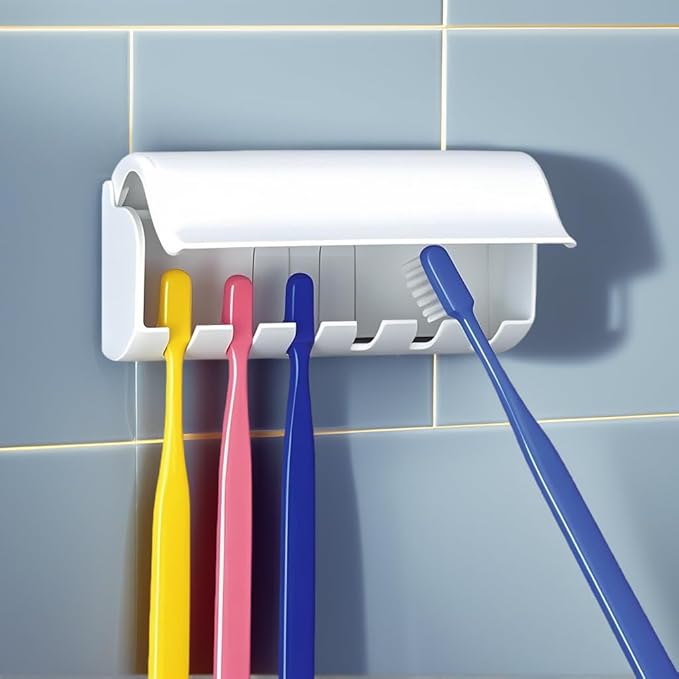 6 Slots Toothbrush Holder Wall Mount with Cover, Self Adhesive Toothbrushes Storage Organizer Perfect for Dorm Bathrooms and Shower, Holds 6 Toothbrushes. White