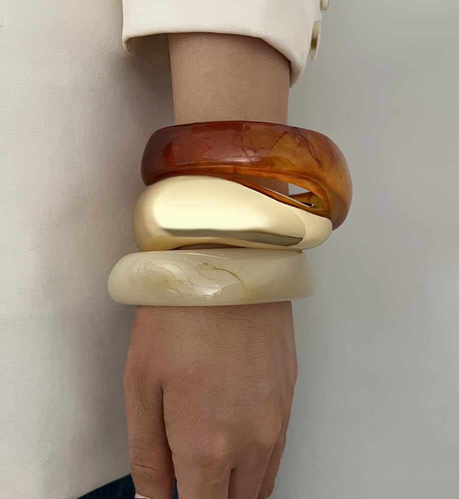 Chunky Gold Acrylic Bangle Bracelets for Women, Dainty 14k Gold Plated Big Stackable Orange Bangles Set, Trendy Cuff Bracelet Summer Beach Jewelry Gifts Amber Bangle