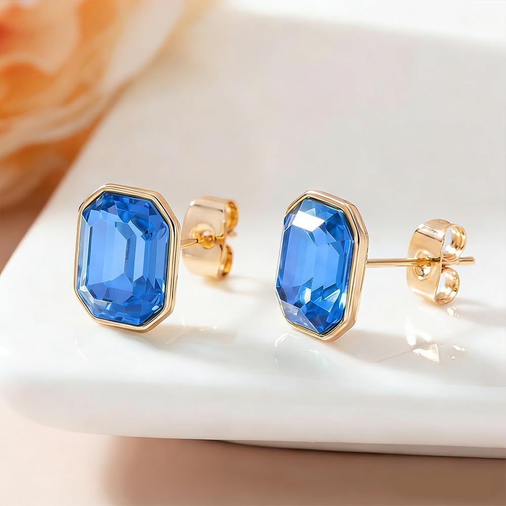 Austrian Crystal Octagon Stud Earrings for Women Fashion 925 Sterling Silver Post Hypoallergenic Jewelry (Sapphire)