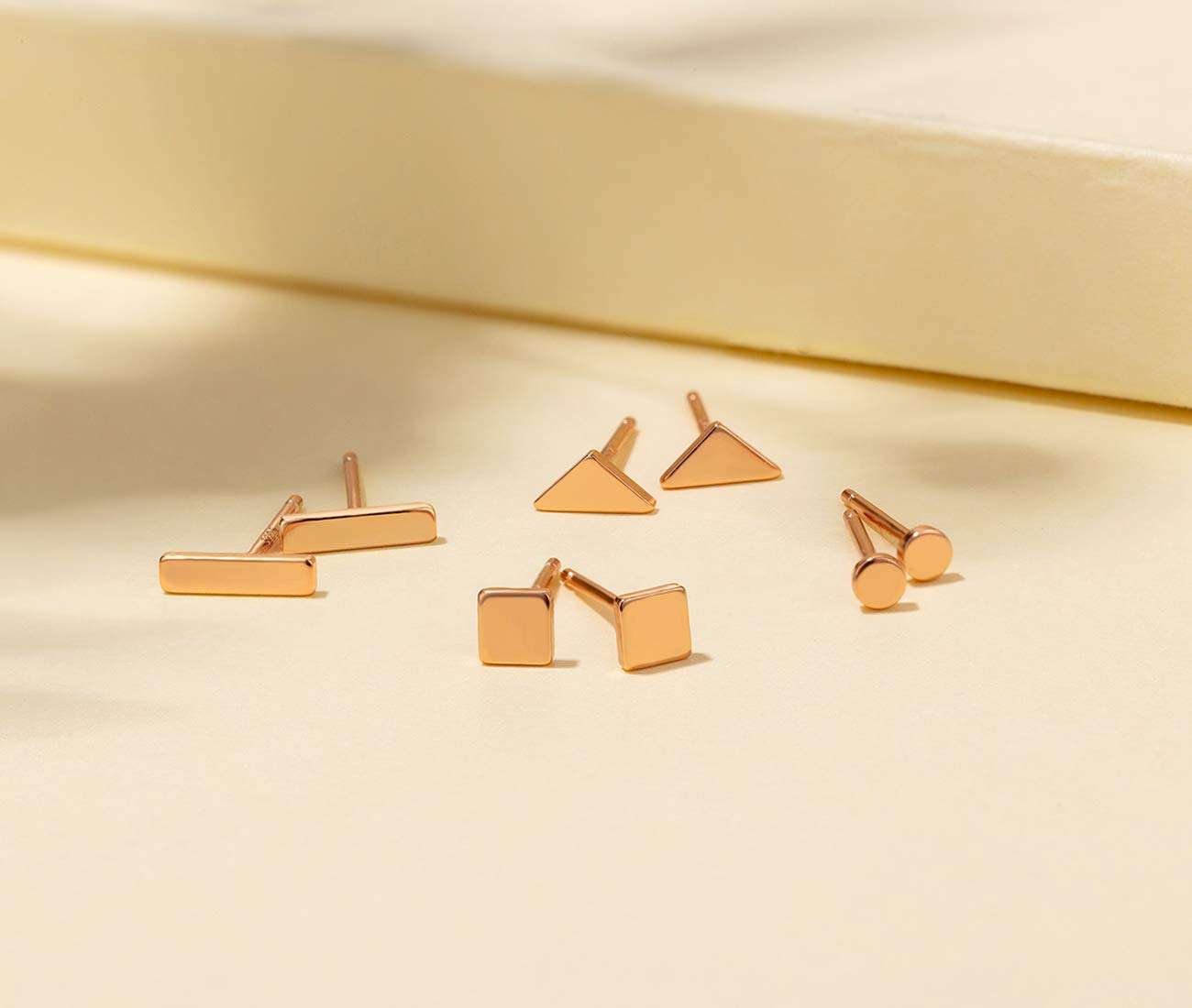 Sterling Silver Stud Earrings for Women Men- 4 Pairs of Hypoallergenic Simple Geometric Small Stud Earring Set Tiny Circle Triangle Square Bar Stud Earrings Mini Cartilage Tragus Earrings(Rose Gold)