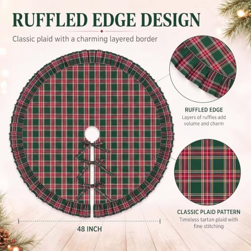 48 Inch Plaid Christmas Tree Skirt with Ruffle, Red Green Yellow