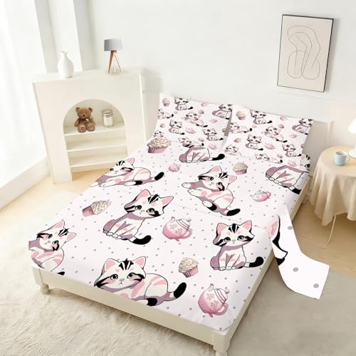 Girls Pink Fitted Sheet Set Twin Size Cute Cat Sheet Set Kawaii Kids Sheet Soft Microfiber 3-Piece Sheet Set Twin Bedspread 1 Fitted Sheet+1 Flat Sheet+1 Pillowcase Cartoon Bedding Set - color: Pink-cat, size: Twin