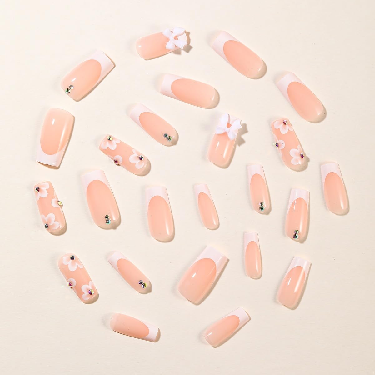 Medium Press on Nails Square Fake Nails White French Tip with Floral Bow Design Glue on Glossy Acrylic Full Cover Stick on False Nails for Women 24Pcs