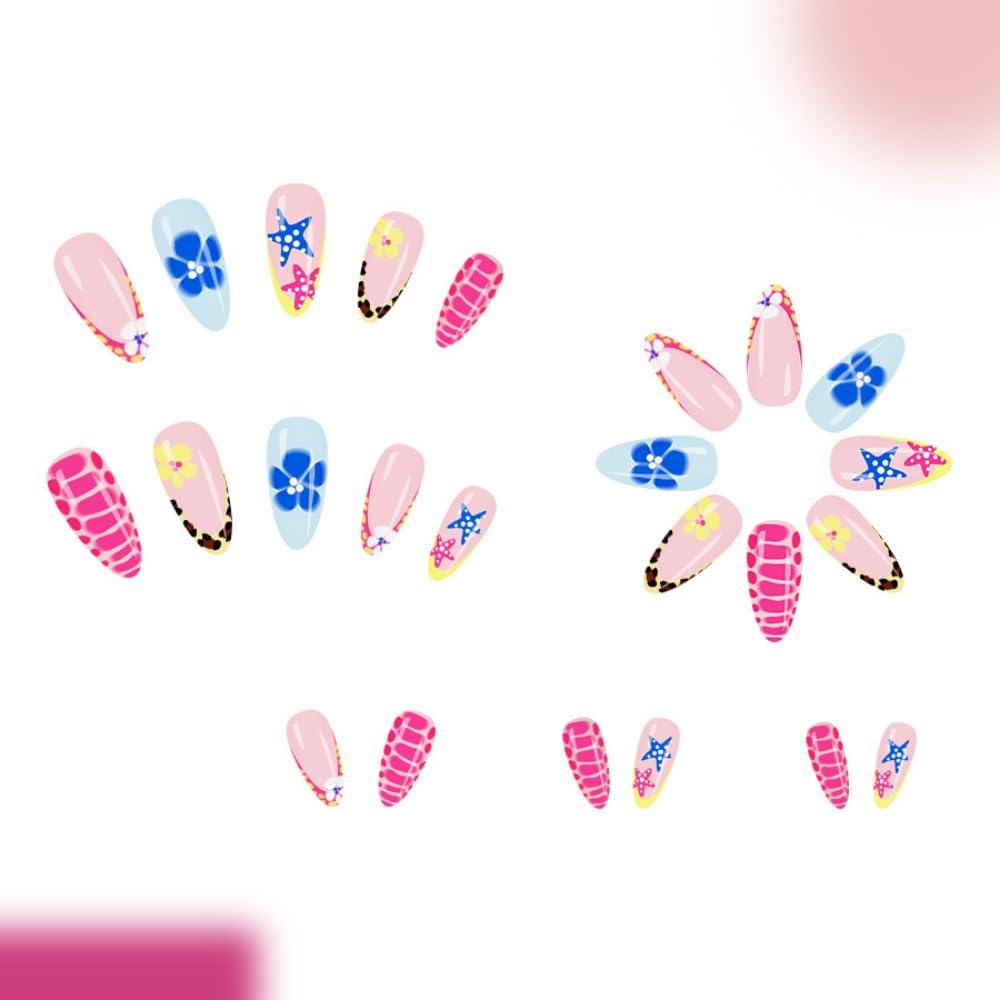 Almond Press on Nails Medium Fake Nails with Blue Flower Design Glossy Starfish False Nail Turtle Shell Leopard Prints Nail Press ons Reusable Spring Summer Acrylic Nail for Women Manicure 24Pcs