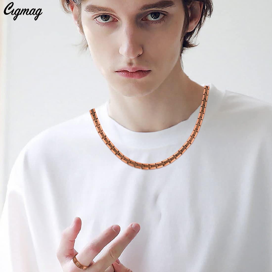 Cigmag Copper Necklace for Men Women - Magnetic Necklace 99% Solid Pure Copper Ring Set Ultra Strength Magnets - with Adjustable Sizing Tool and Present Box