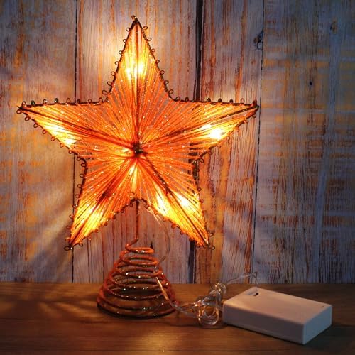 CVHOMEDECO. Orange Glittered 3D Tree Top Star with Warm White LED Lights and Timer for Christmas Tree Topper Decoration and Holiday Seasonal D??cor, 8 x 10 Inch