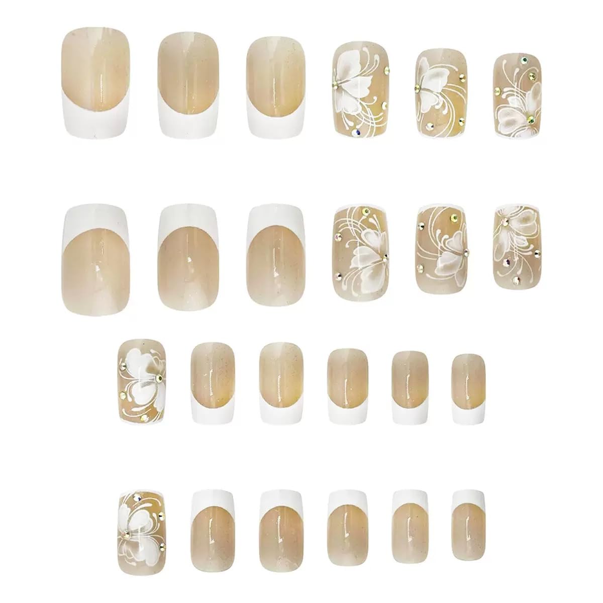 Square Press on Nails Medium - White Fake Nails with Flower Design - Rhinestone, French Tip Full Cover Stick on Nails - for Women 24 Pcs
