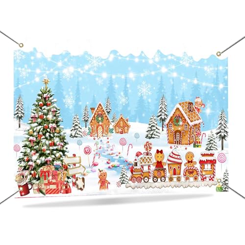 Mocsicka Gingerbread House Christmas Backdrop Blue Winter Merry Christmas Decorations Banner Sweet Gingerbread Candyland Photo Background Holiday Photo Booth Props - color: Blue