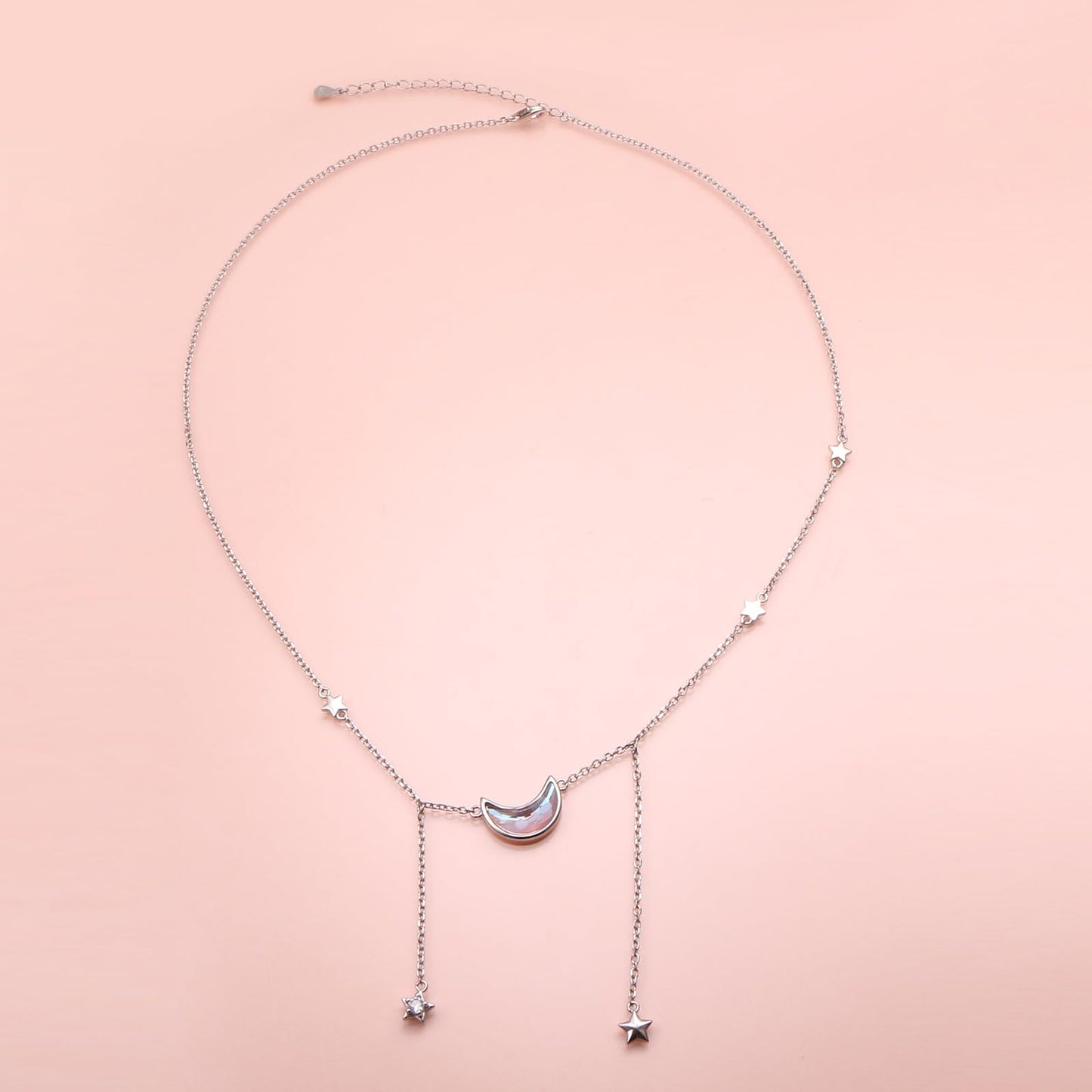 Ladytree 925 Sterling Silver Crescent Moon and Stars Celestial Jewelry CZ Created Moonstone Pendant Necklace Rolo Chain 18 inches to 20 inches