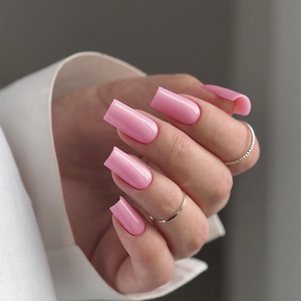 Baby Pink Press On Nails Medium Long Square, Xcreando Medium Coffin Nails Acrylic Nails Press ons Glue on Nails Medium Length, Solid Color Fake Nails for Women, Natural Thick Artificial Nails Stick on