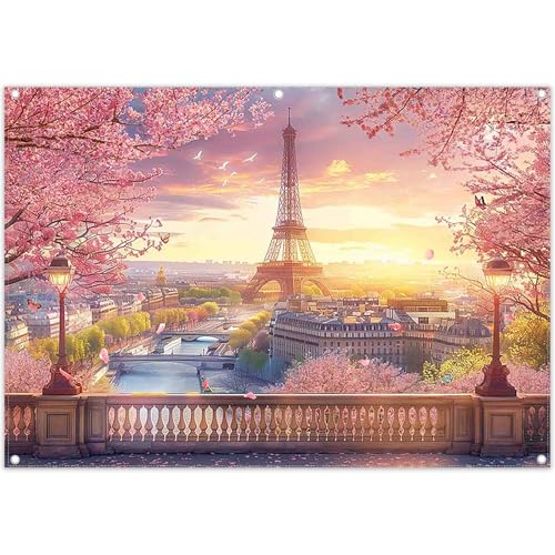 8x6ft Fabric Eiffel Tower Backdrop Paris Landscape Floral Lake Bridge Photography Background Wedding Girls Birthday Party Decorations Photo Booth Props - size: 8'x6'