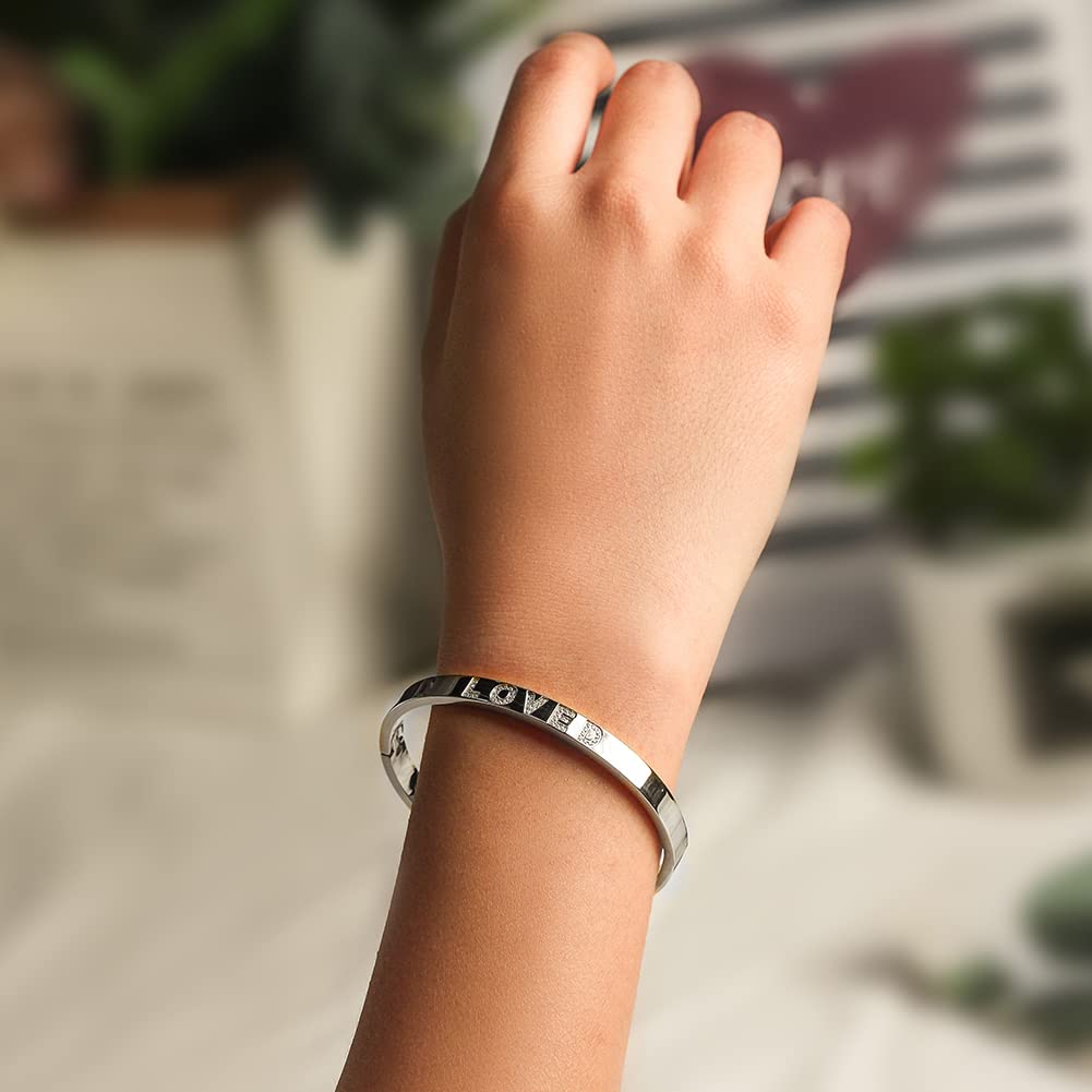 WISTIC Gold Plated Bangle Bracelet for Women, Silver Engraved Letter Cuff Bracelet with CZ, Fits 6.0–7.0 Inch Wrist, 2.4in Inner Dia., Rose Gold Stainless Steel Hinged Bangle Jewelry, LOVED, Silver