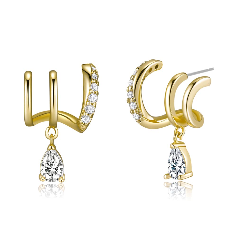 Obidos 14K Gold Plated Triple Huggie Earrings with Illusion Studs | Hypoallergenic Hoops for Women