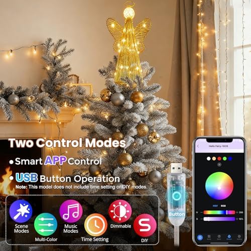 Christmas Tree Topper, 3D Gold Angel with Multi‑Color LED Lights, Smart APP Control and Music Sync Lighted Xmas Tree Topper for Indoor Home Desktop Decorations