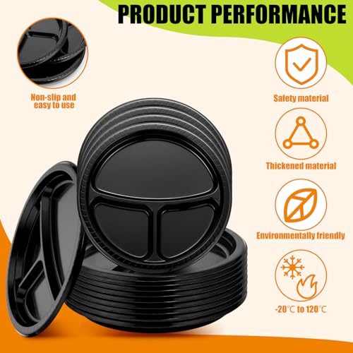 Umigy 100 Pcs 10 Inch 3 Compartments Divided Plastic Plates Bulk Colorful Disposable Heavy Duty Round Dinnerware for Valentine Wedding Birthday Party (Black) - color: Black