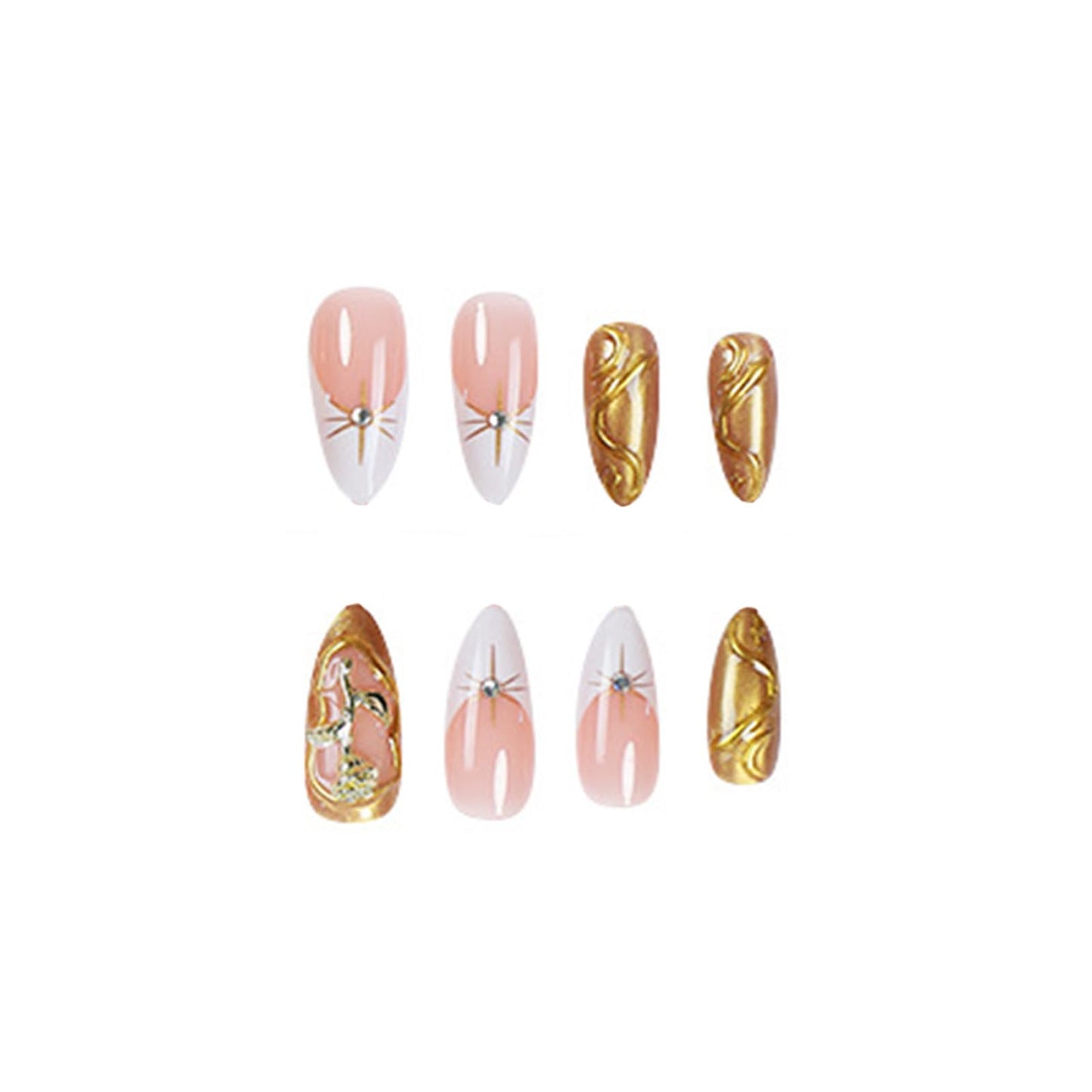 SINHOT Almond Press on Nails Medium Fake Nails Glossy Glue on Nails 3D Gold Rose Acrylic Nail Gold Chrome Stiletto Artificial Nail French Tip Stick on False Nail with Design 24 pcs