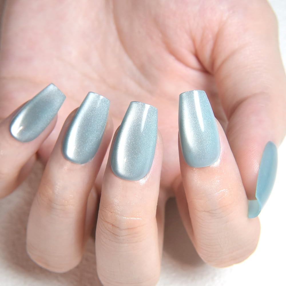 evpct Cat Eye Coffin Press on Nails Medium Square No Glue, Stick on Nails Medium Square for Women, Teal Light Blue Green Metallic Glitter Glossy Reusable Stick Acrylic Fake Press on Nail with Designs