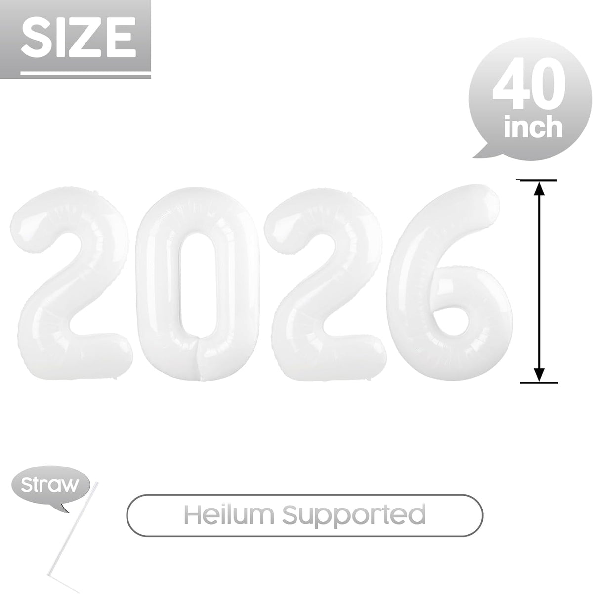 2026 Balloon - 2 Pack White Birthday Number Balloons, 40 Inch Large Foil Balloons for Men Women Boys Girls White Themed Birthday Decorations，Number 2026 Balloon