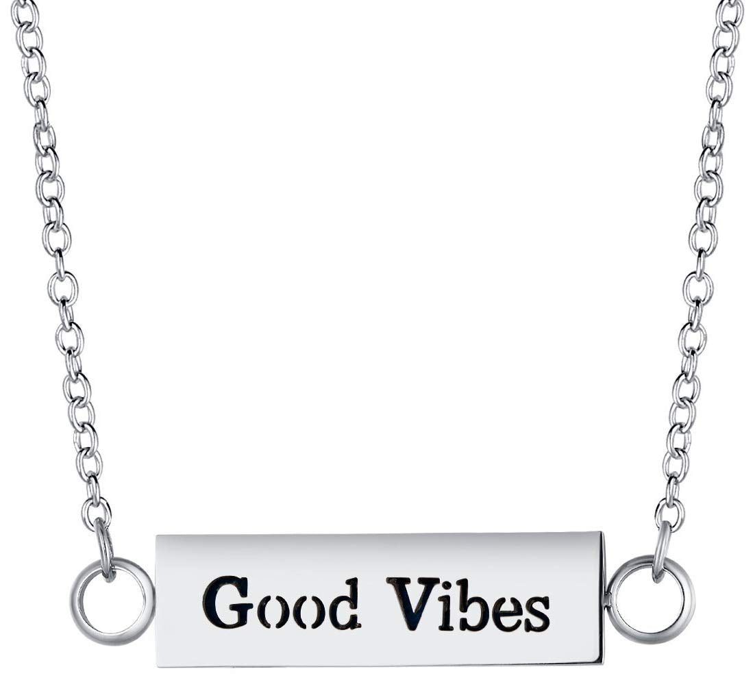 Wild Essentials "Good Vibes" Essential Oil Diffuser Bar Necklace Gift Set - Includes Aromatherapy Pendant, 24" Stainless Steel Chain, 12 Color Refill Pads