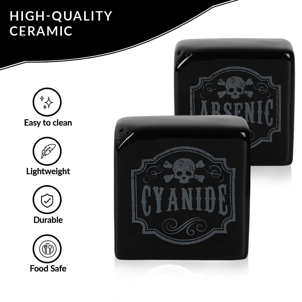 Funny Salt and Pepper Shakers - Arsenic and Cyanide Halloween Decor, Spooky Goth Decor, Gothic Home Decor, Witch Kitchen Accessories, Oddities and Curiosities - Gothic Decor (Black)