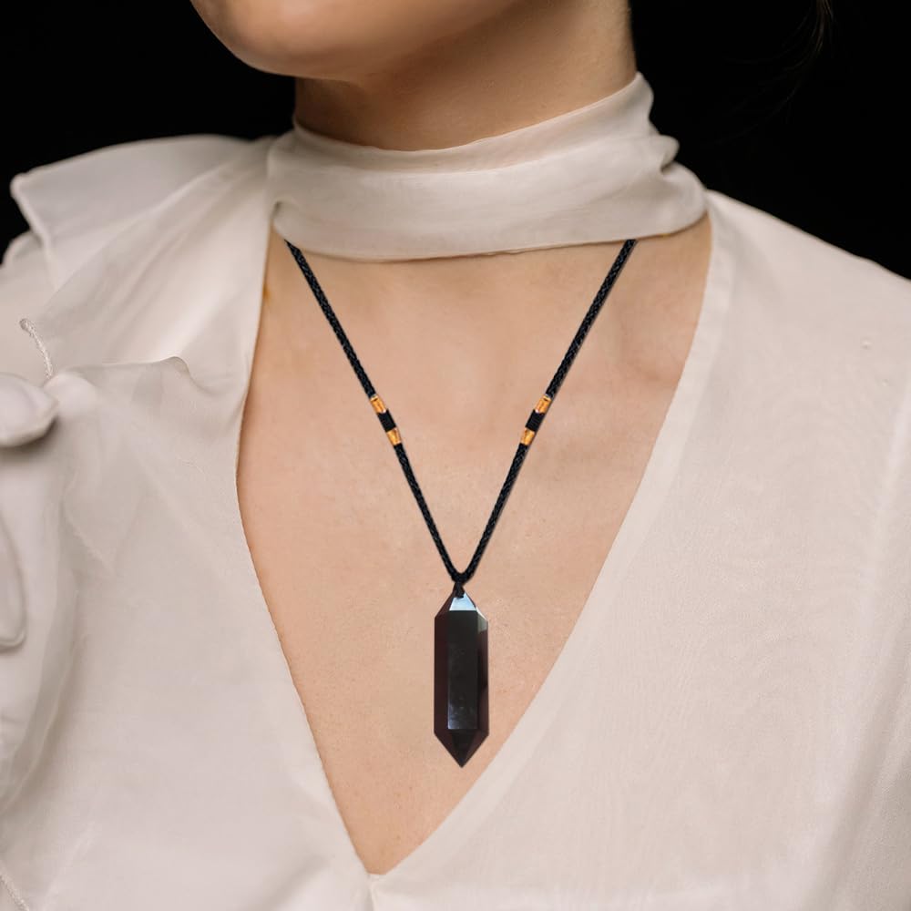 Runyangshi Black Obsidian Healing Crystal Pendants, Double Pointed Natural Crystal Quartz Necklace 6 Faceted Chakra Crystal Wand Stone