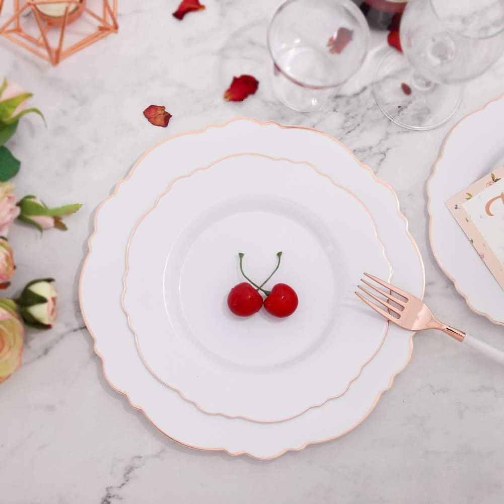 WDF 60pcs Rose Gold Plastic Plates-Baroque White &Rose Gold Disposable Plates including 30Plastic Dinner Plates 10.25inch, 30 Salad Plates 7.5inch for Wedding & Parties