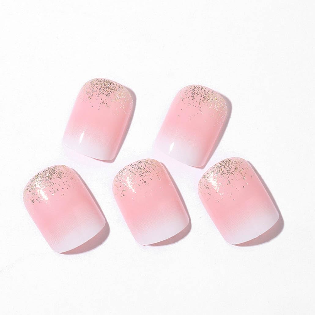 Foccna Square Ombre Press on Nails -Soft Gel Press on Nails Short Pink Fake Nails Square Bling Glossy False Nail Tips Artificial Nails for Women and Girls,24pcs