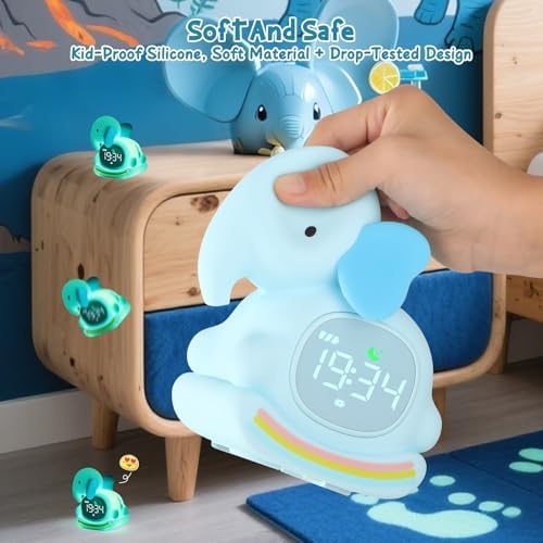 Elephant Alarm Clock with Night Light for Kids,Toddler Sleep Training Clock Ok to Wake Clocks for Girls and Boys, Kids Clocks for Bedrooms,Kids Alarm Clock,Rechargeable,RGB,Gift Ideas for Kids Child