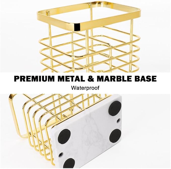 HarJue Toothbrush Holder, Luxurious Metal Toothbrush Toothpaste Holder with Marble Base for Bathroom, Multi-Slots Openwork Design, Bathroom Accessory for Storage and Organizer (Small, Gold)