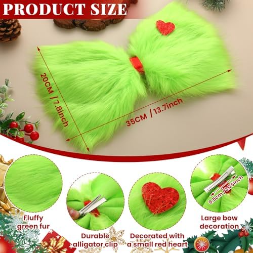 Suncalla Lime Green Furry Christmas Tree Topper Bow 14x8 Glitter Heart