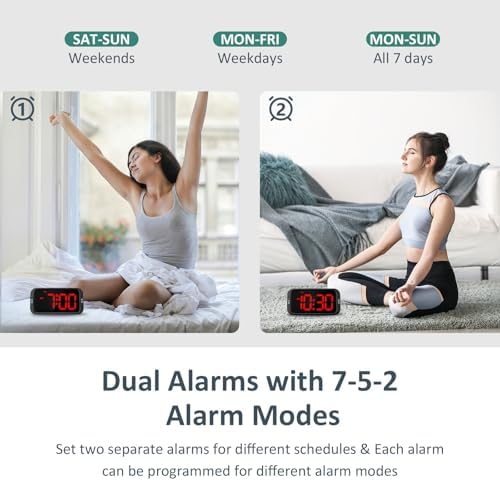 Odokee Digital Dual Alarm Clock for Bedroom with 0-100% Dimmable Display | Easy to Set Alarm Clock with Weekday/Weekend Mode - Loud Alarm for Heavy Sleepers with 5 Sounds Adjustable Volume - Red