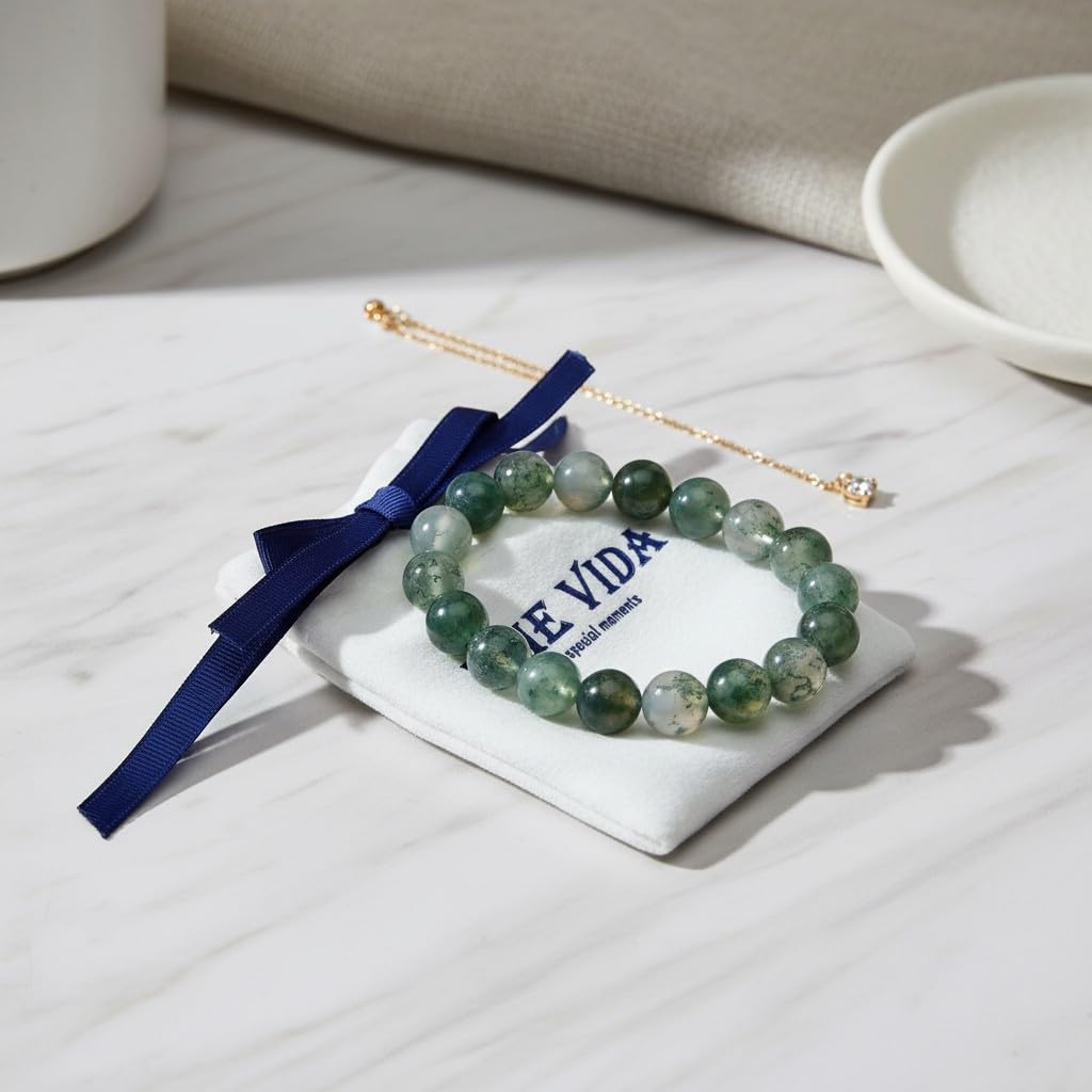 The Vida Handmade AAA+ Quality Crystal Stretch Elastic Bracelet - Nature Gemstone - Jewelry Gift - Holiday Gift - For Women & Men (Moss Agate)