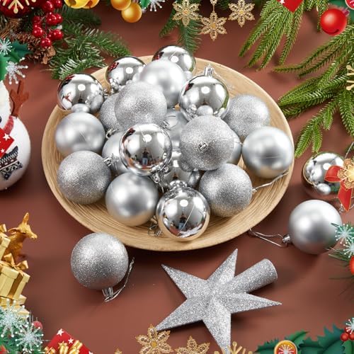 RoundFunny 25 Pcs Mini Christmas Balls Ornaments Set 2.36 Inch Christmas Day Ball Topper Star Tree Hanging Ornaments for Party Decoration(Silver)