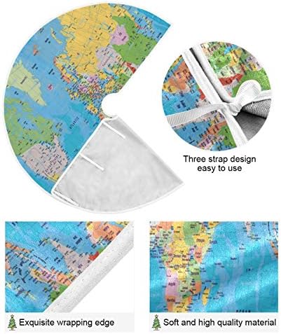 Qilmy Christmas Tree Skirt Large Watercolor World Map Painting Mat Xmas Home Holiday Party Decorations 48inch