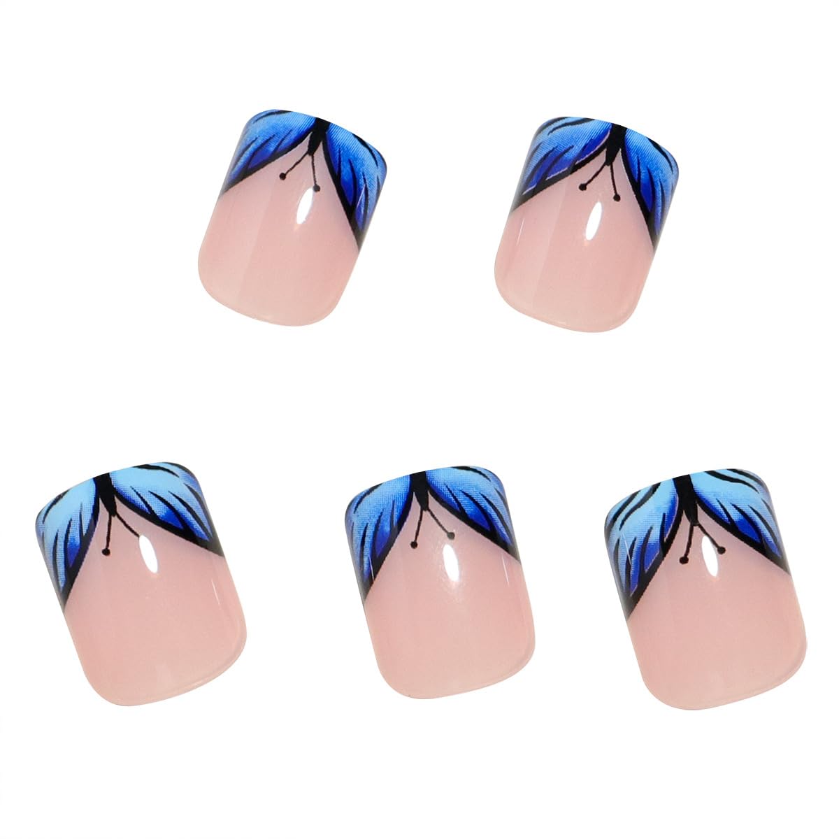 French Tip Press on Nails Short Square Fake Nails Blue Butterfly False Nails Spring Acrylic Nails Glossy Artificial Nails Press ons Glue on Nails for Women Girls Manicure Decoration 24Pcs