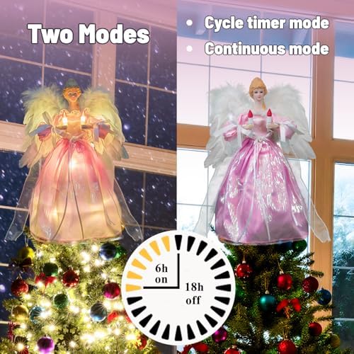 Moving Angel Tree Topper with Lights, 12’’ Pink, Separately Controlled Flapping Wings and Bright LEDs, 6 On / 18 Off Hours Cycle