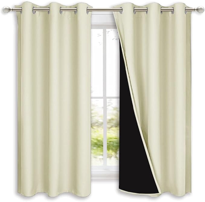 NICETOWN Bedroom Full Blackout Curtain Panels, Super Thick Insulated Grommet Drapes, Double-Layer Blackout Draperies with Black Liner for Small Window (Beige, Set of 2, 42 by 63-inch)